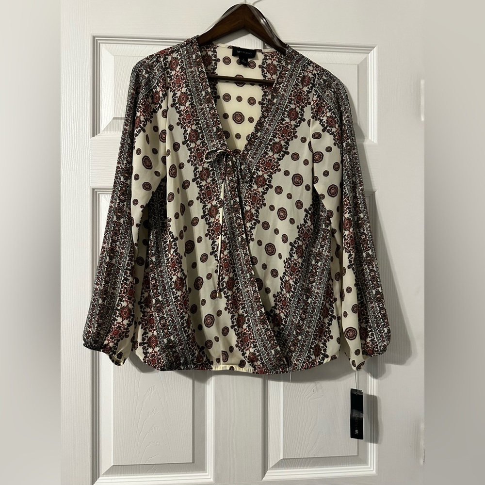 AB Studio Cream and Brown Patterned Blouse